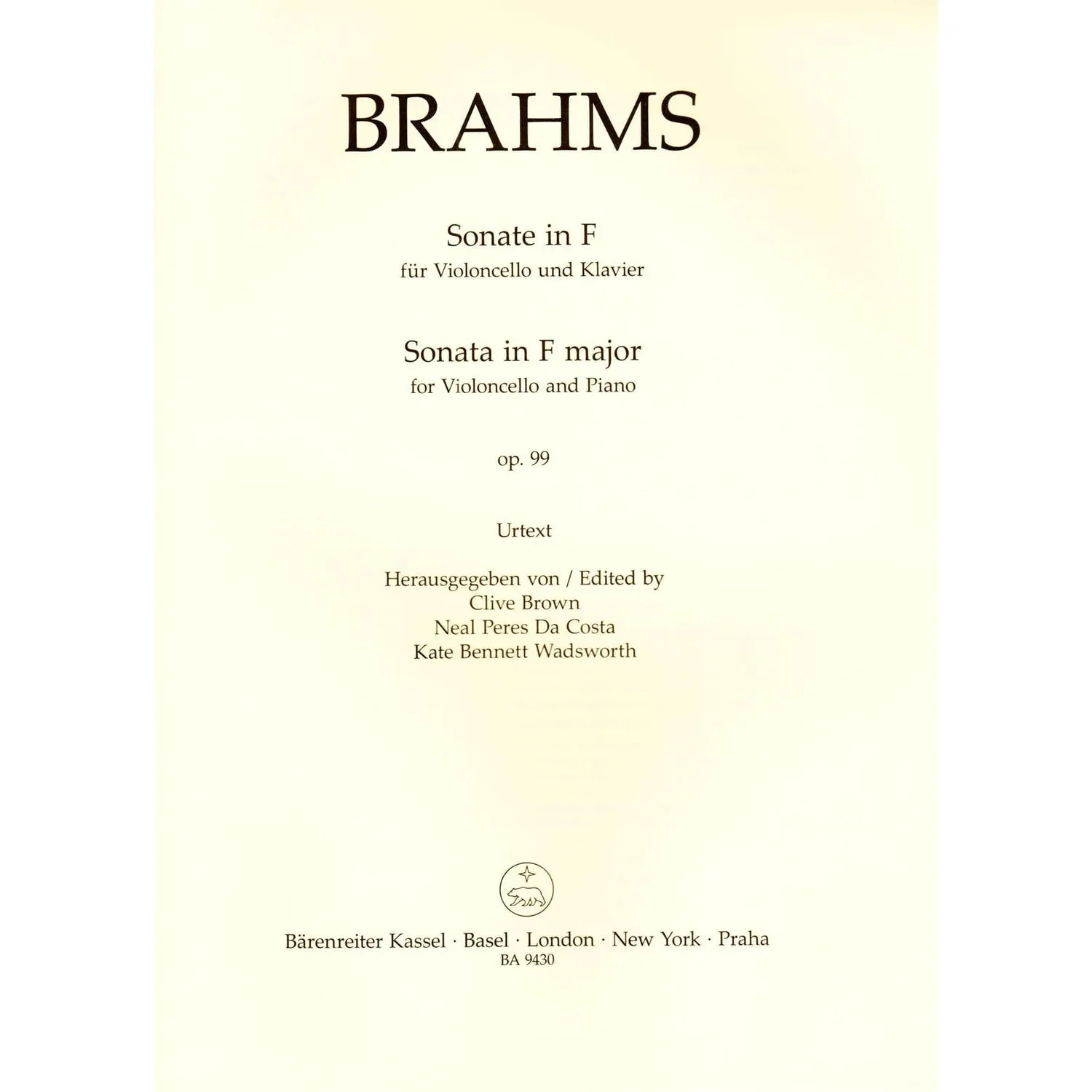 Brahms Cellosonate F-Dur op 99 Noten Bärenreiter Urtext