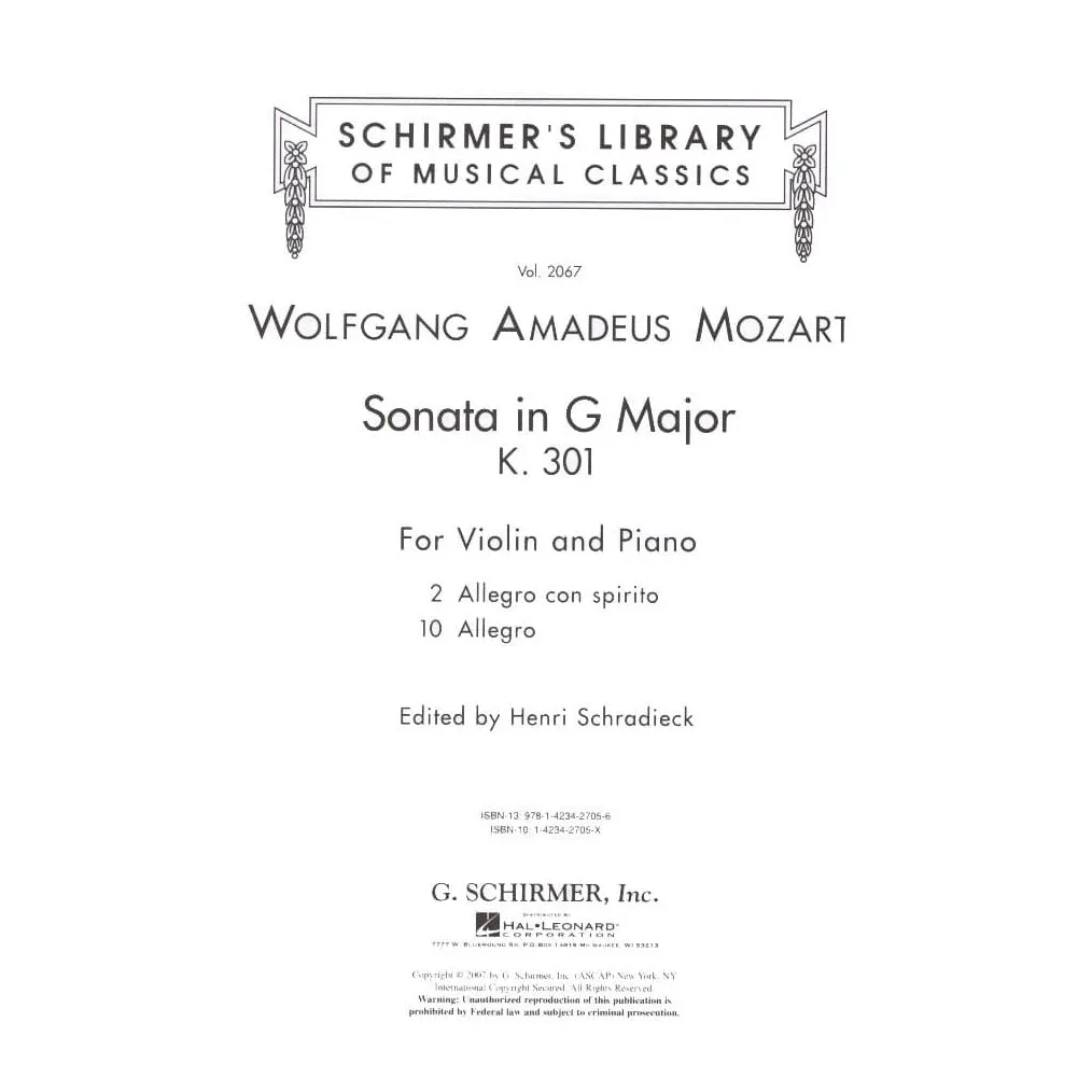 G Schirmer Mozart Sonate G-Dur K 301 Noten Violine Klavier