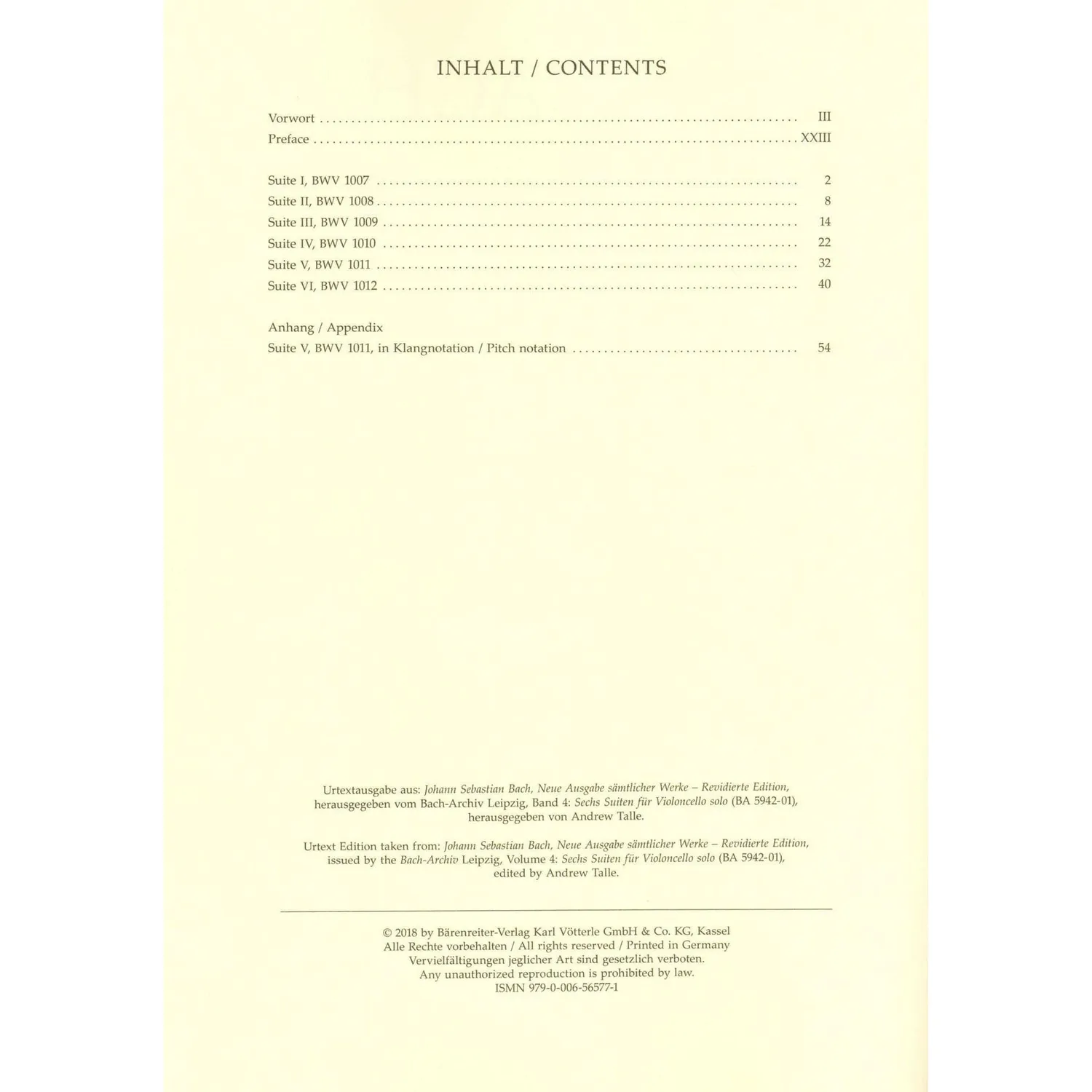 Bärenreiter Bach 6 Suiten BWV 1007-1012 Noten Cello Urtext