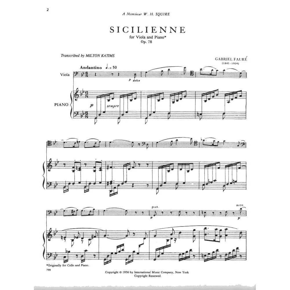 Shar Music Fauré Sicilienne Op 78 Noten Viola mit Klavier Katims