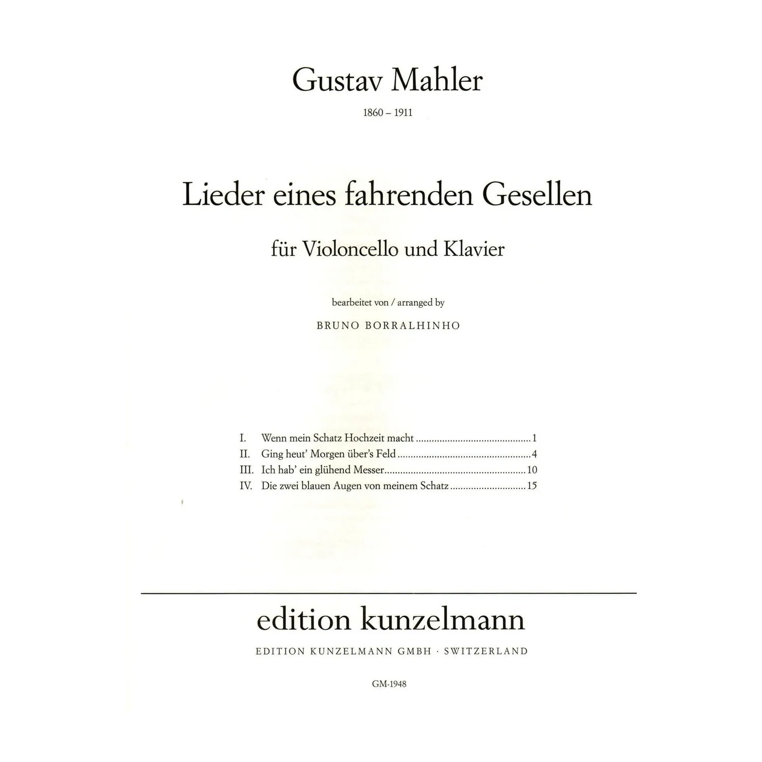 Kunzelmann Mahler Lieder fahrenden Gesellen Noten Cello Klavier