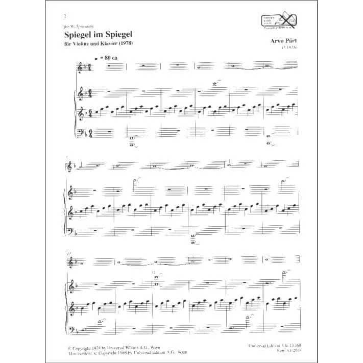 Universal Edition Pärt Spiegel im Spiegel Noten Violine Klavier