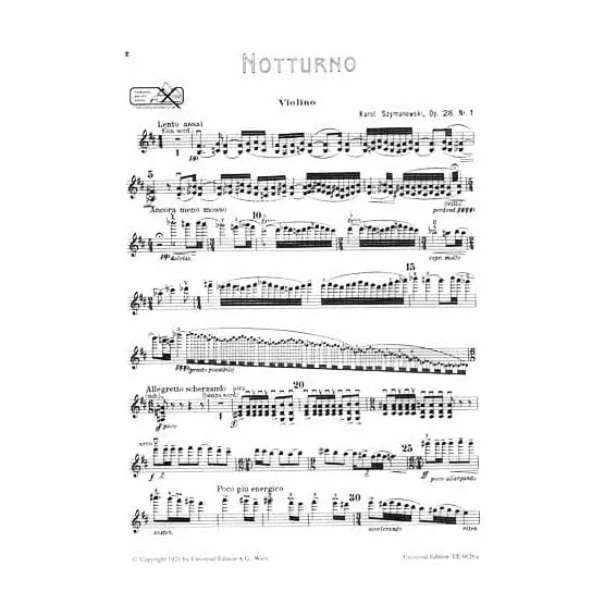 Universal Edition Szymanowski Nocturne Tarantella op.28 Noten Violine