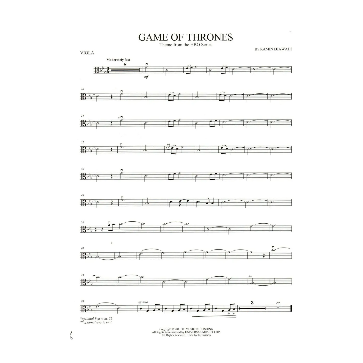 Hal Leonard Game of Thrones Theme Noten Viola Klavier Anfänger