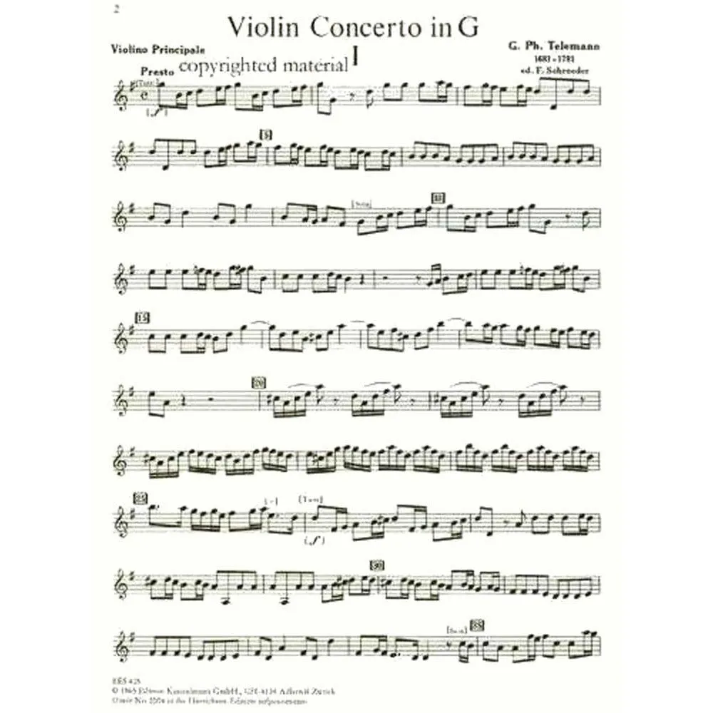Kunzelmann Telemann Concerto G-Dur TWV 51:G8 Noten Violine Klavier
