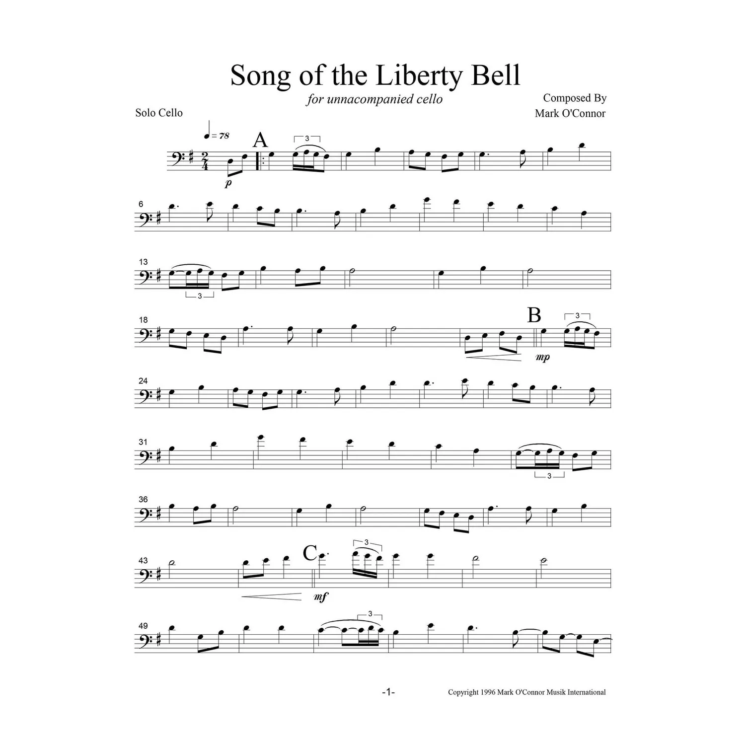 Mark O'Connor Song Of The Liberty Bell Noten Cello Download