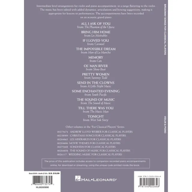 Hal Leonard Broadway Songs Violinnoten Klavier Audio