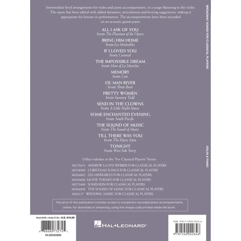 Hal Leonard Broadway Songs Violinnoten Klavier Audio