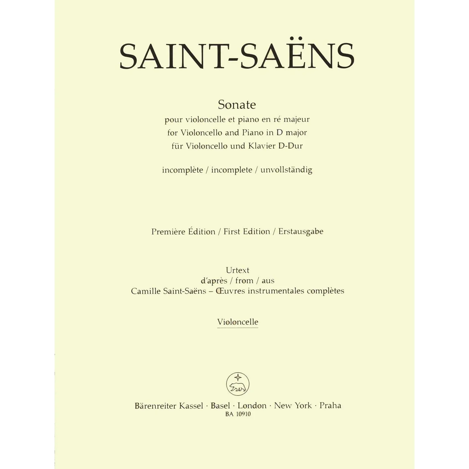 Bärenreiter Saint-Saëns Sonate D-Dur Noten Cello Klavier Urtext