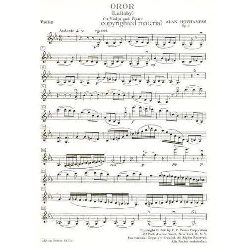 Peters Hovhaness Oror Lullaby op. 1 Violine Noten