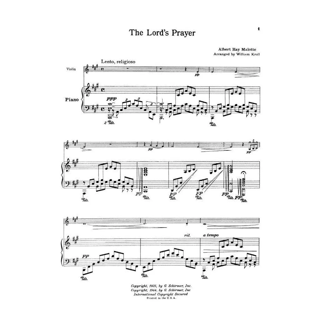 Shar Music Malotte The Lord's Prayer Noten für Violine und Klavier