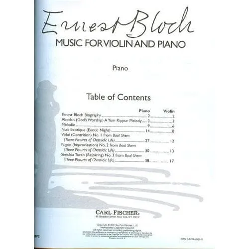 Bloch Music for Violin and Piano Noten Violine