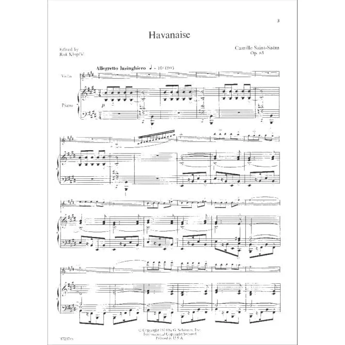 Schirmer Saint-Saëns Havanaise Op.83 Noten Violine Klavier Solo