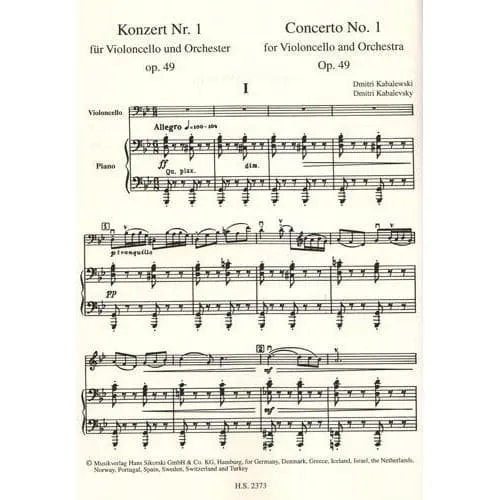 Sikorski Kabalevsky Konzert Nr.1 Op.49 Noten Cello Klavier