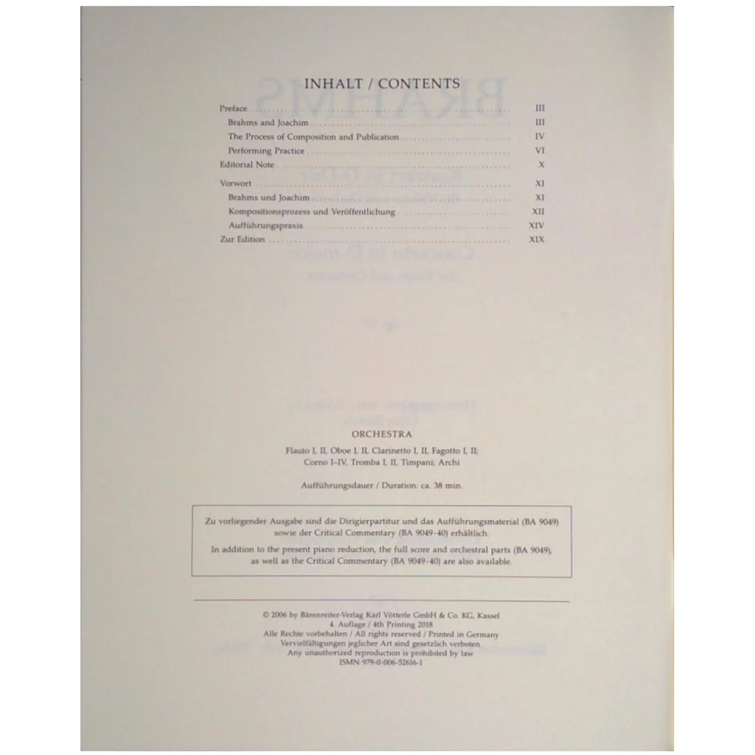 Bärenreiter Brahms Violinkonzert D-Dur Noten Partitur Urtext