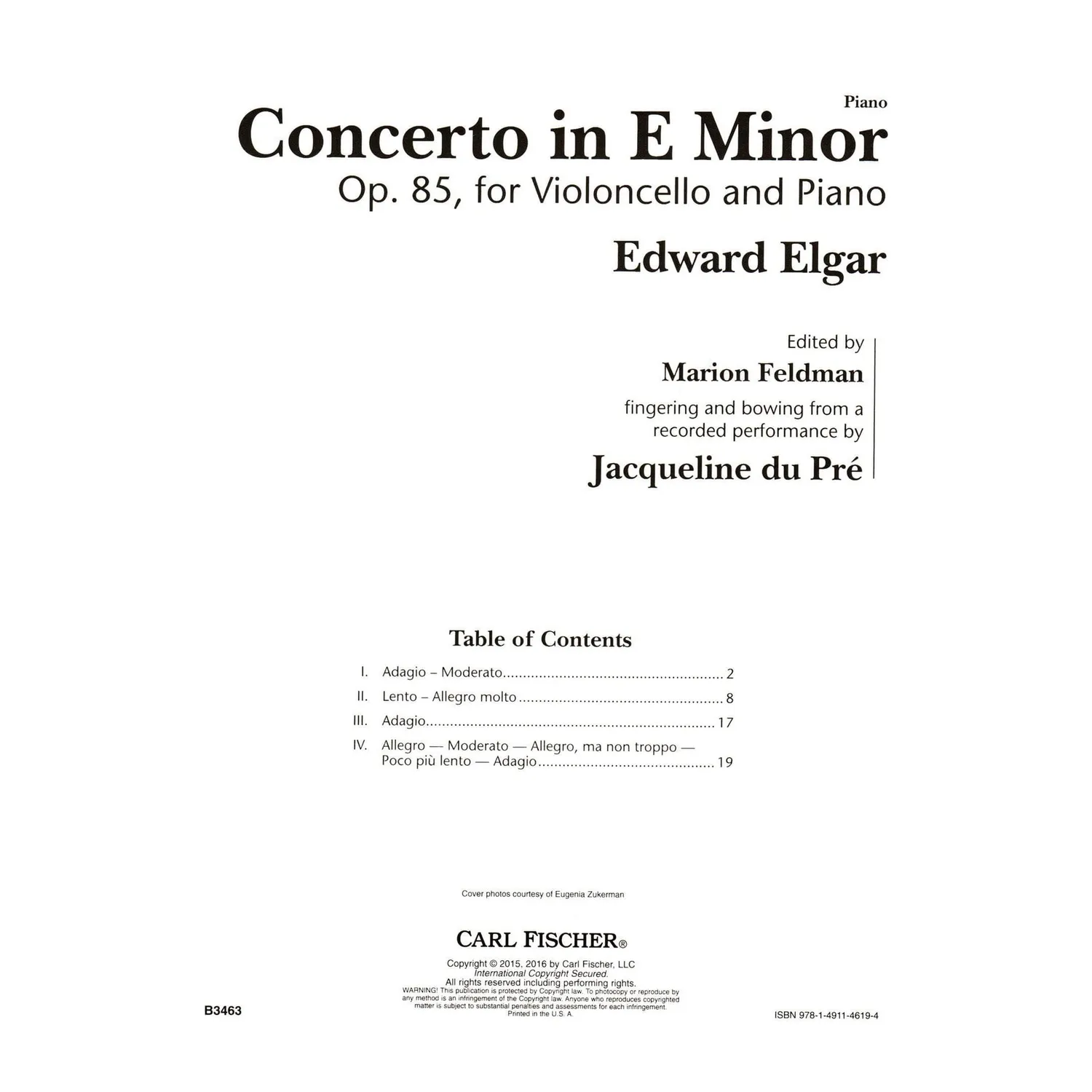 Carl Fischer Elgar Cellokonzert Op.85 Noten Cello Klavier du Pré