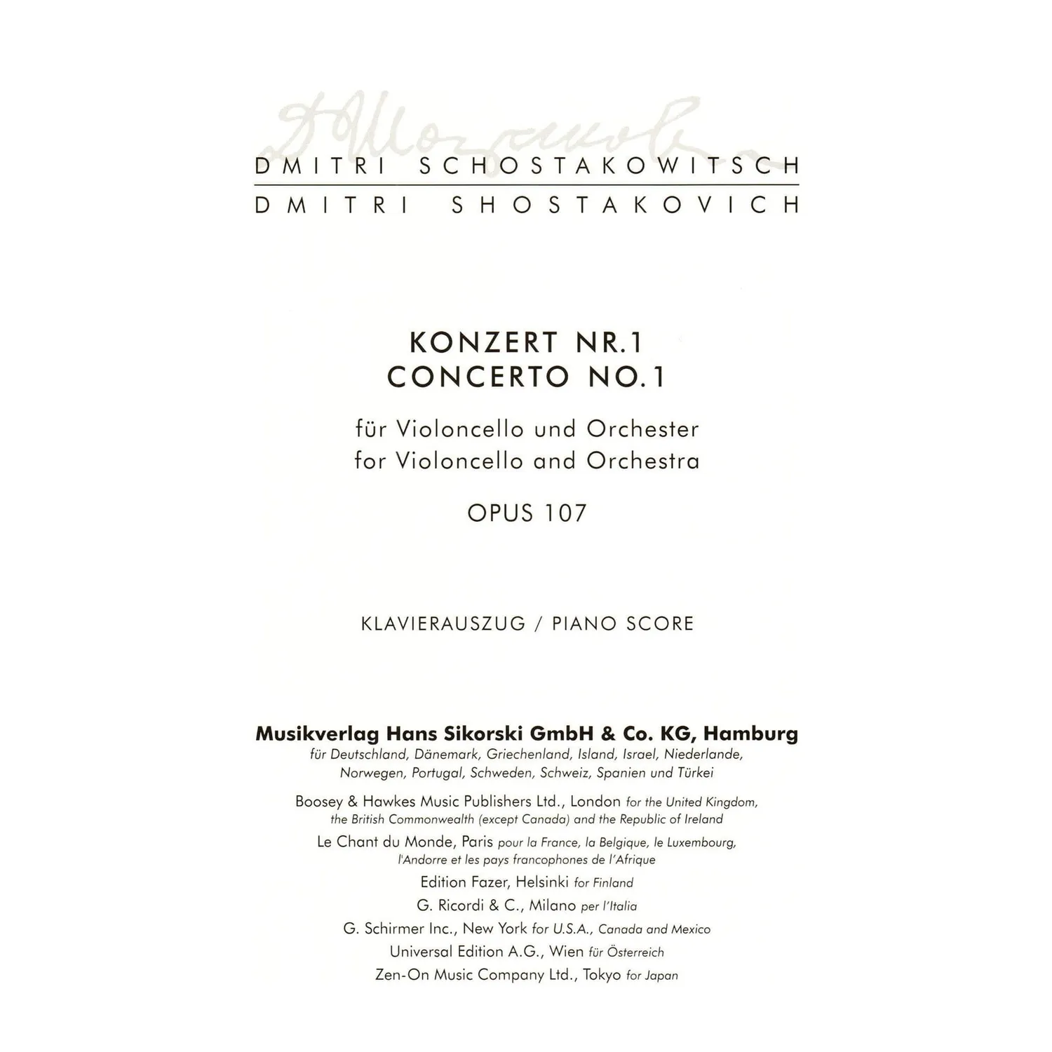 Sikorski Schostakowitsch Konzert 1 Es-Dur Noten Cello Klavier