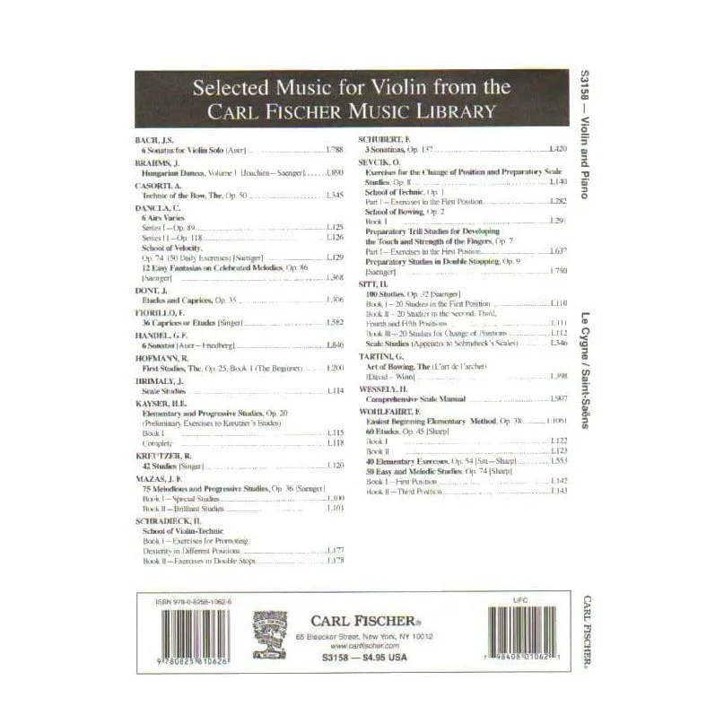 Saint-Saëns Schwan Violin-Noten Klavier Carl Fischer leicht