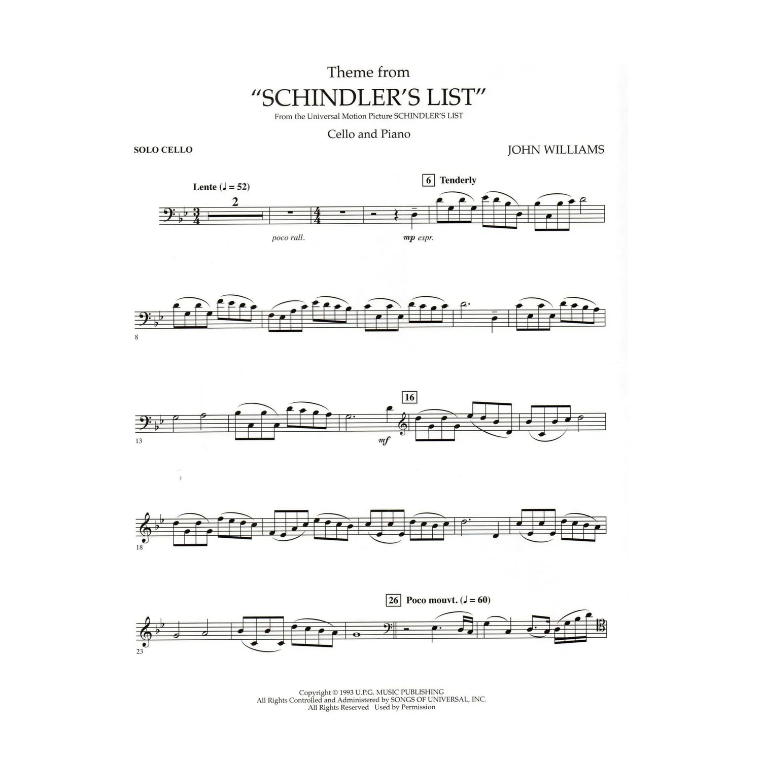 John Williams Schindlers List Cellonoten mit Klavier Hal Leonard