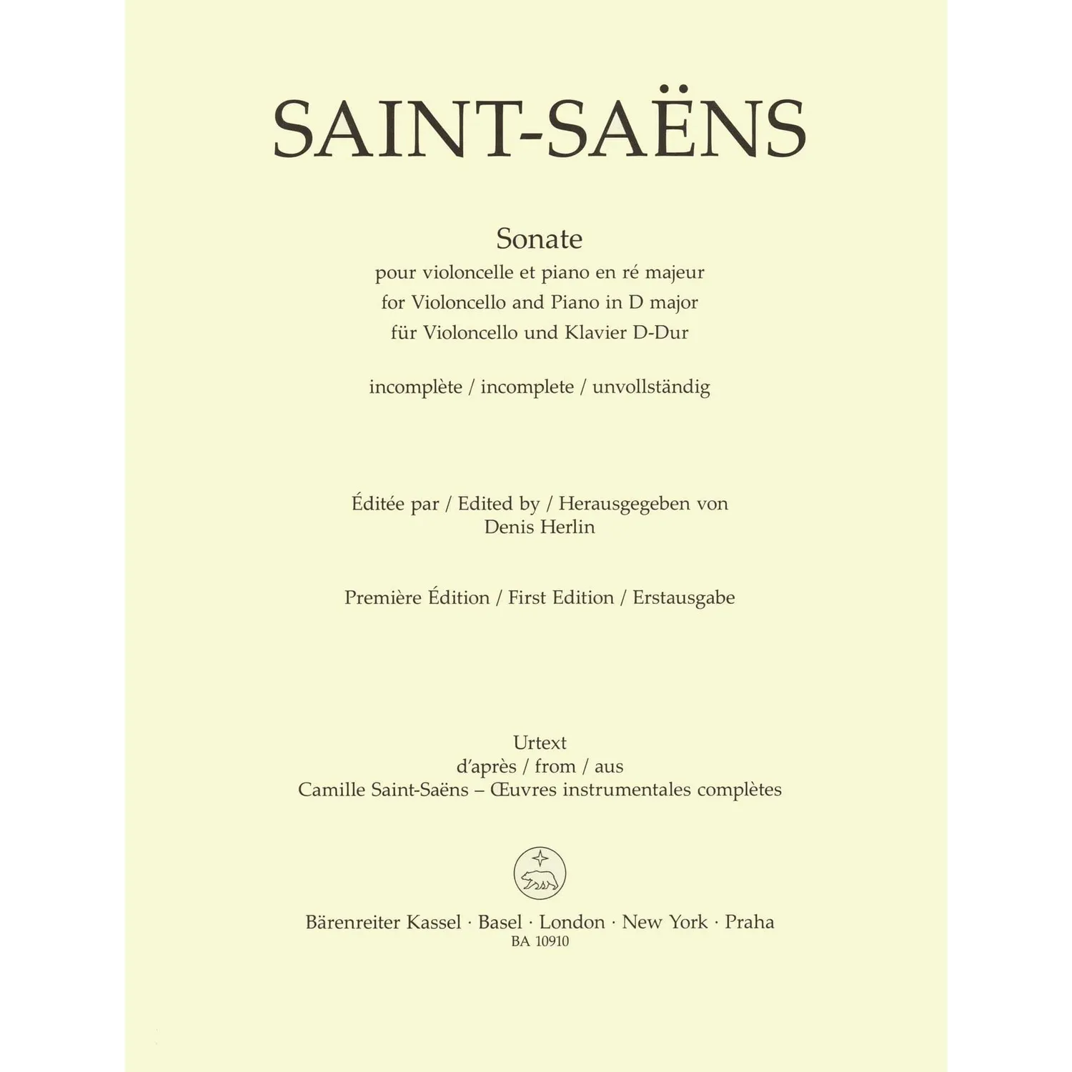 Bärenreiter Saint-Saëns Sonate D-Dur Noten Cello Klavier Urtext