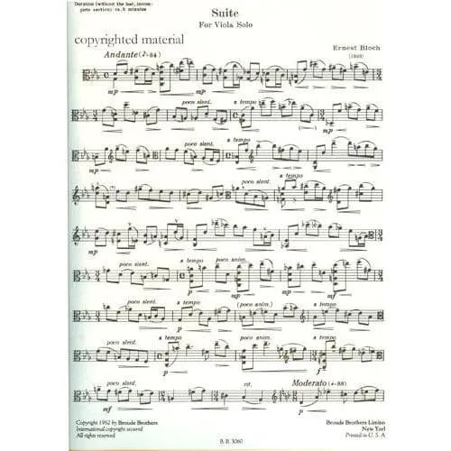 Broude Brothers Bloch Suite Noten Viola solo