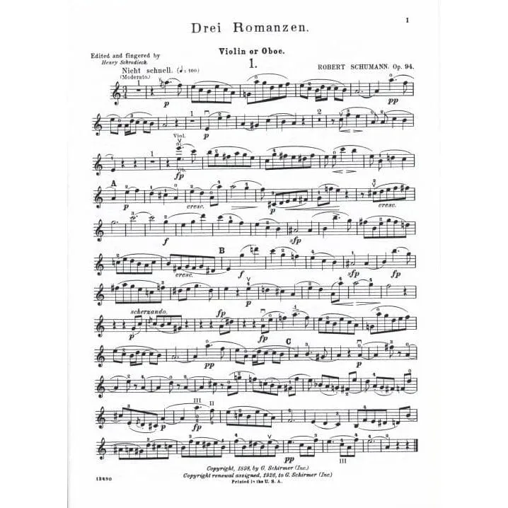 Schirmer Schumann 3 Romanzen Op 94 Noten Violine Oboe Klavier
