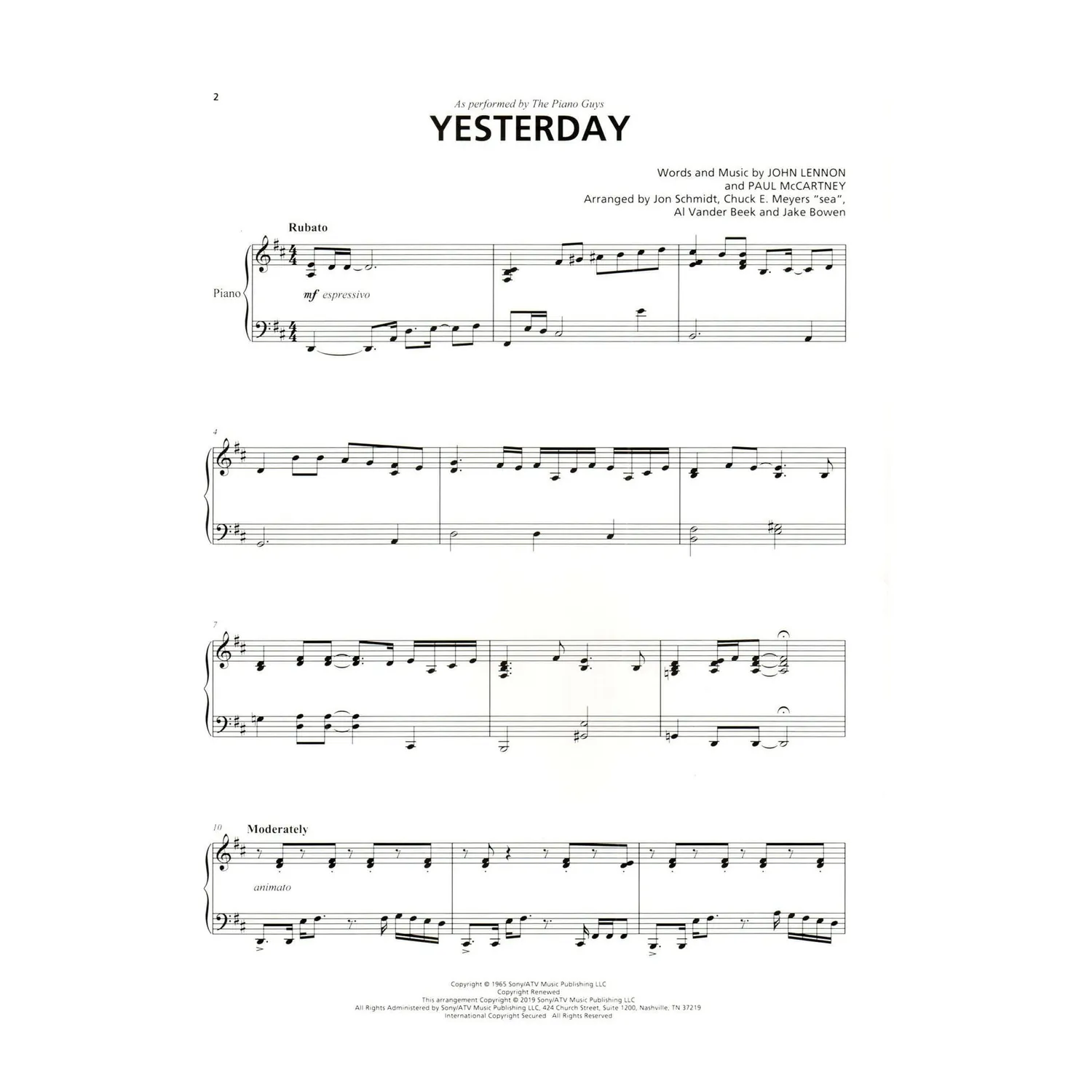 Hal Leonard Piano Guys Yesterday Cello-Noten Klavier