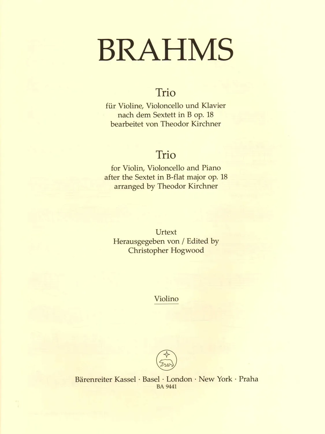 Bärenreiter Brahms Trio Op.18 Noten Violine Cello Klavier