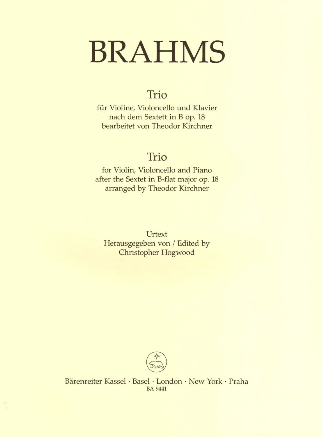 Bärenreiter Brahms Trio Op.18 Noten Violine Cello Klavier