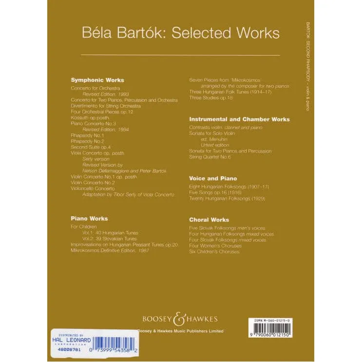 Shar Music Bartók Second Rhapsody Sz96a Geigennoten Violine Klavier