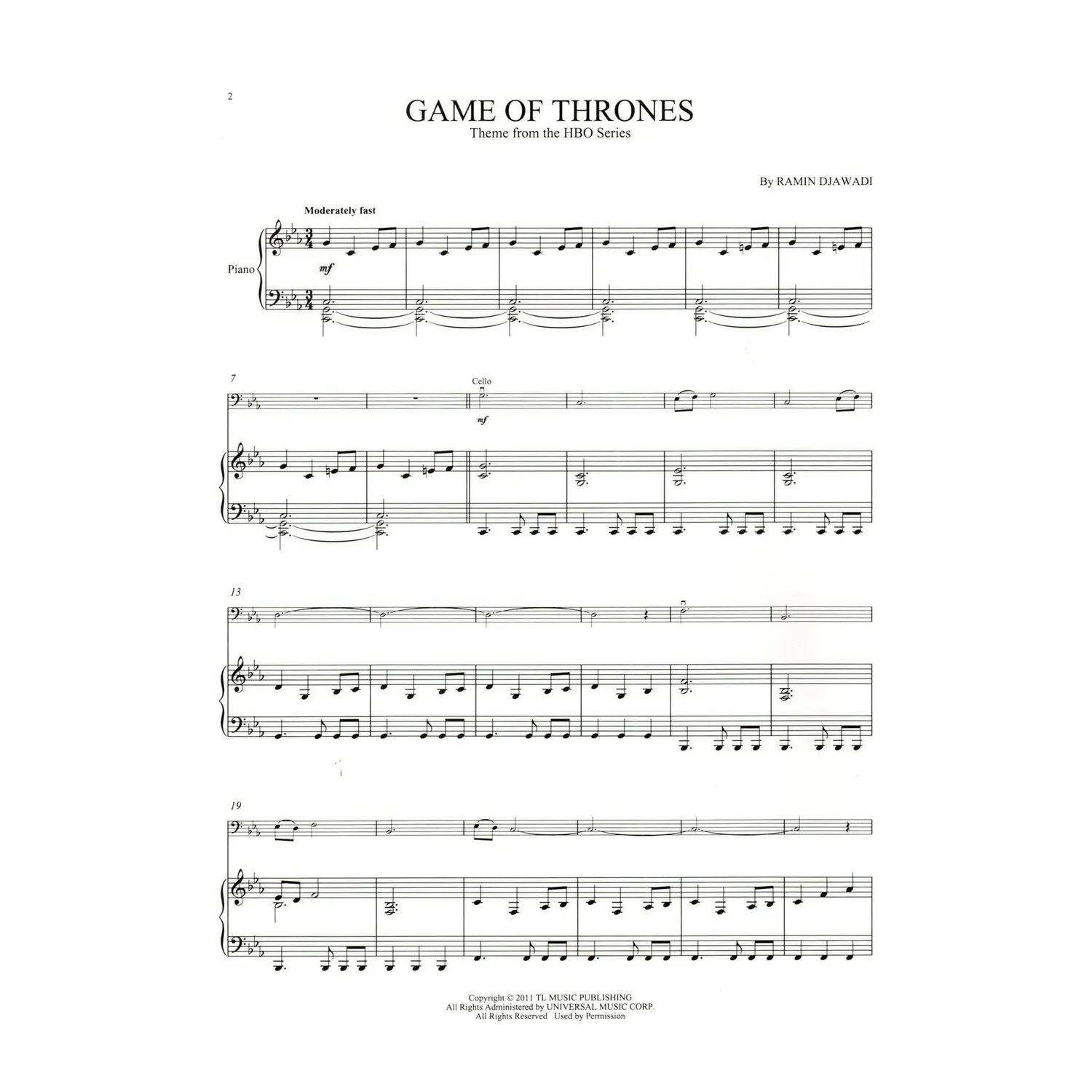 Hal Leonard Game of Thrones Noten Cello Klavier