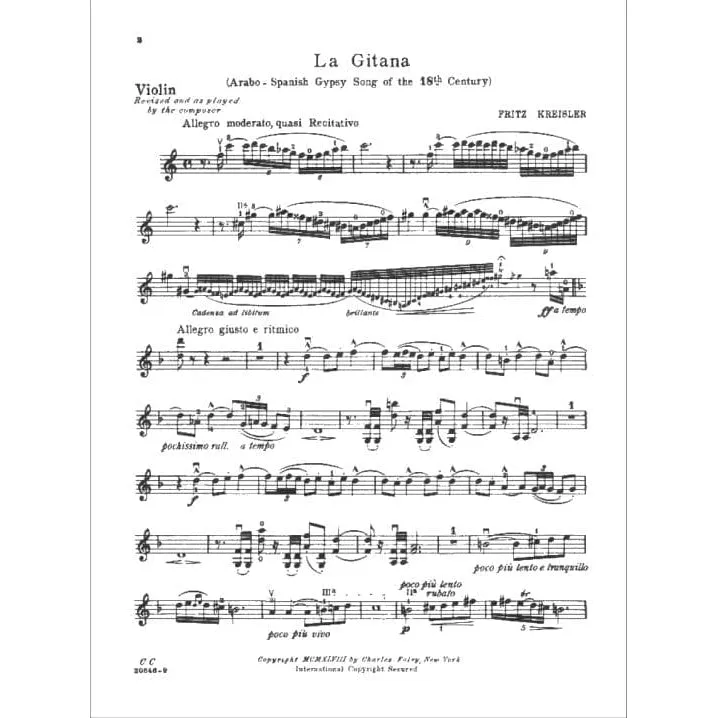 Shar Kreisler La Gitana Violine Klavier Noten Carl Fischer
