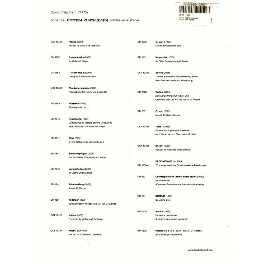Hefti Poeme Lunaire Bratschennoten Viola Klavier Kunzelmann