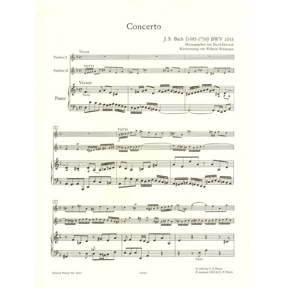 Shar Music Bach Doppelkonzert BWV 1043 Noten 2 Violinen Klavier