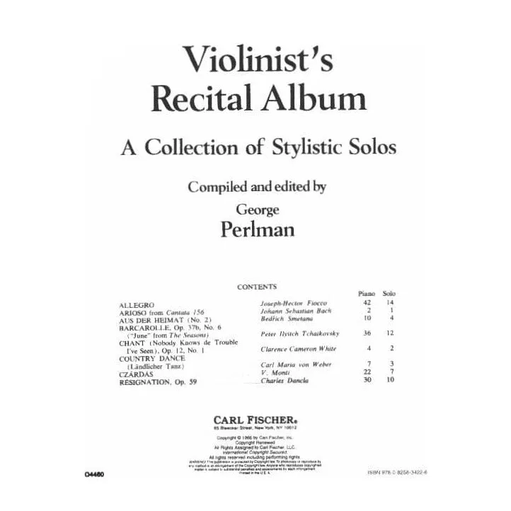Carl Fischer Perlman Violinist's Recital Album Noten Violine Klavier