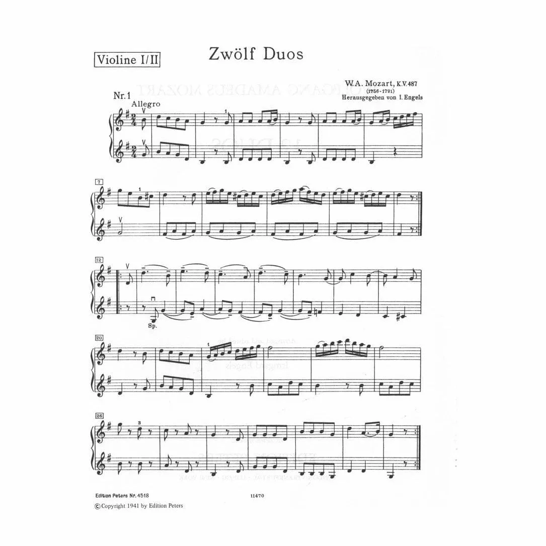 Edition Peters Mozart 12 Easy Duets K 487 Violinduo Noten 2 Violinen
