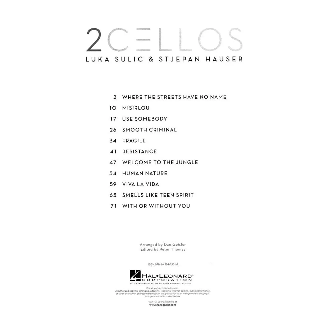 Hal Leonard 2Cellos Sulic Hauser Noten für 2 Celli