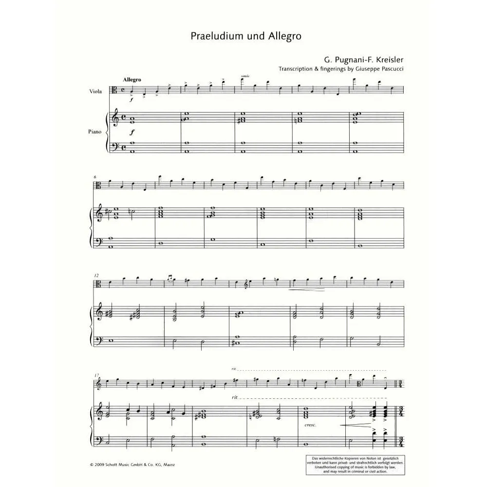 Schott Kreisler Praeludium und Allegro Viola Klaviernoten