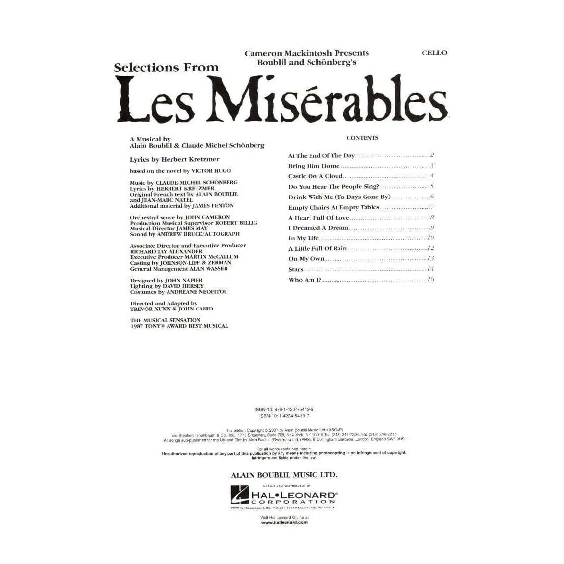 Hal Leonard Les Misérables Cellonoten 13 Songs