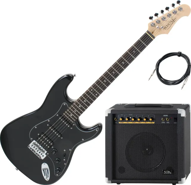 Rocktile Pro ST60-BK E-Gitarre Set All Black Mahagoni AK20G