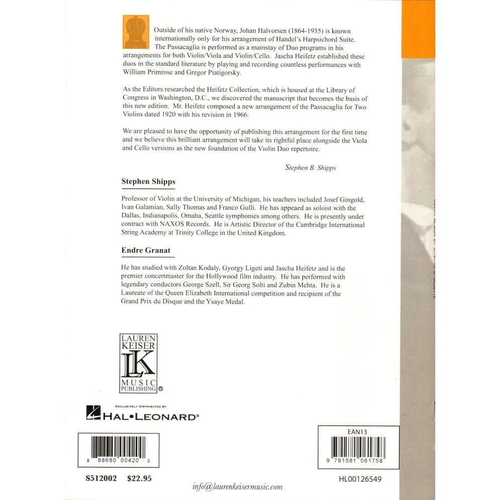 Lauren Keiser Heifetz Collection Passacaglia Noten 2 Violinen