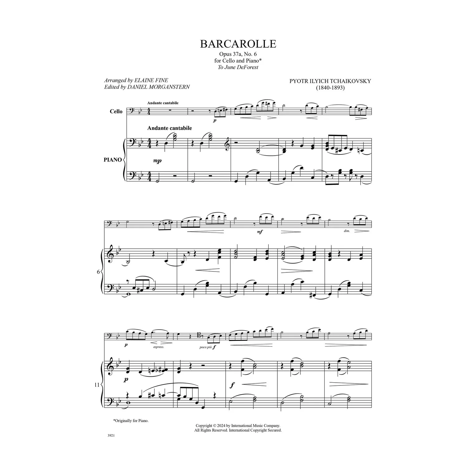 Tschaikowsky Barcarolle op. 37a Nr. 6 Cello Klavier Noten