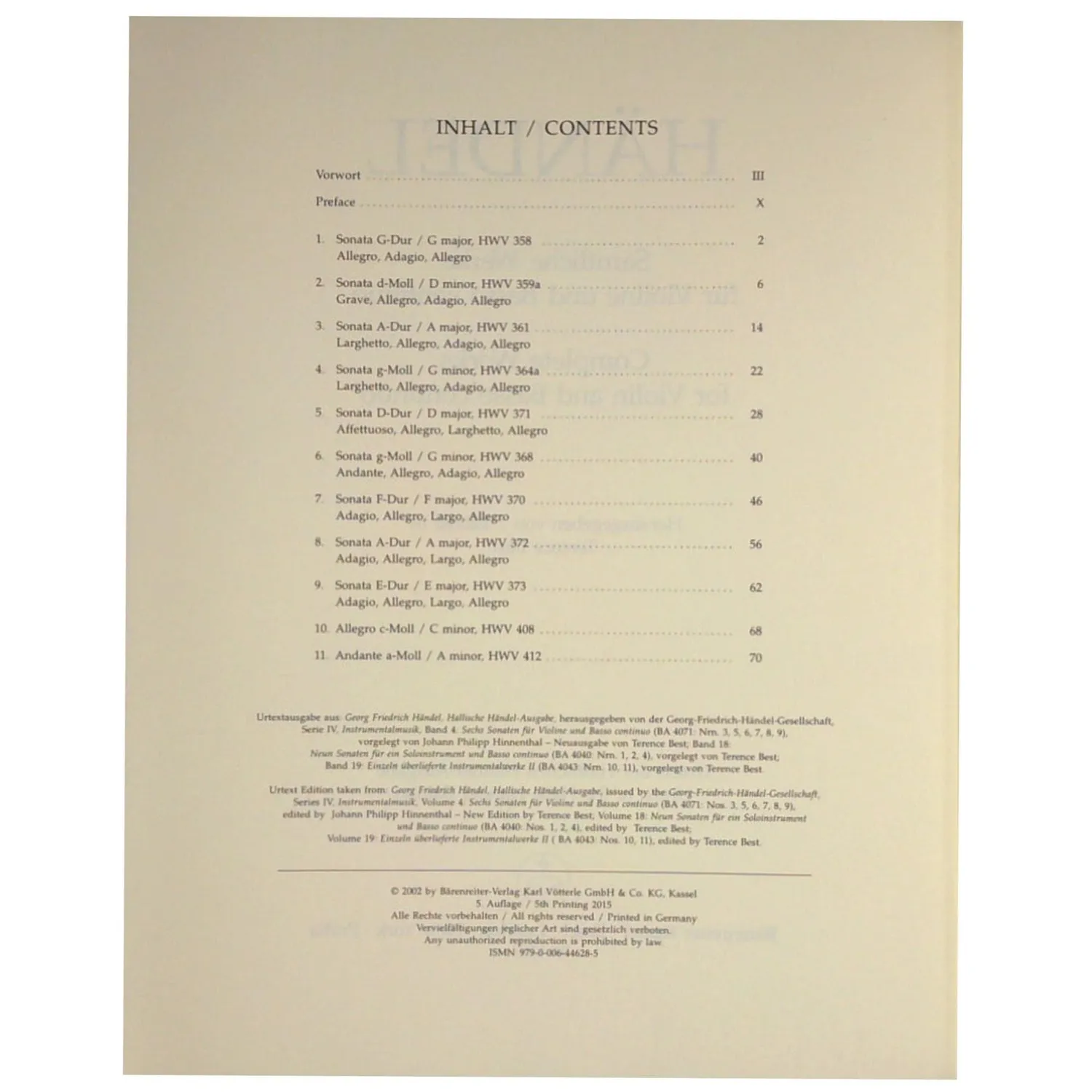 Bärenreiter Händel Violinsonaten Violine Noten Urtext