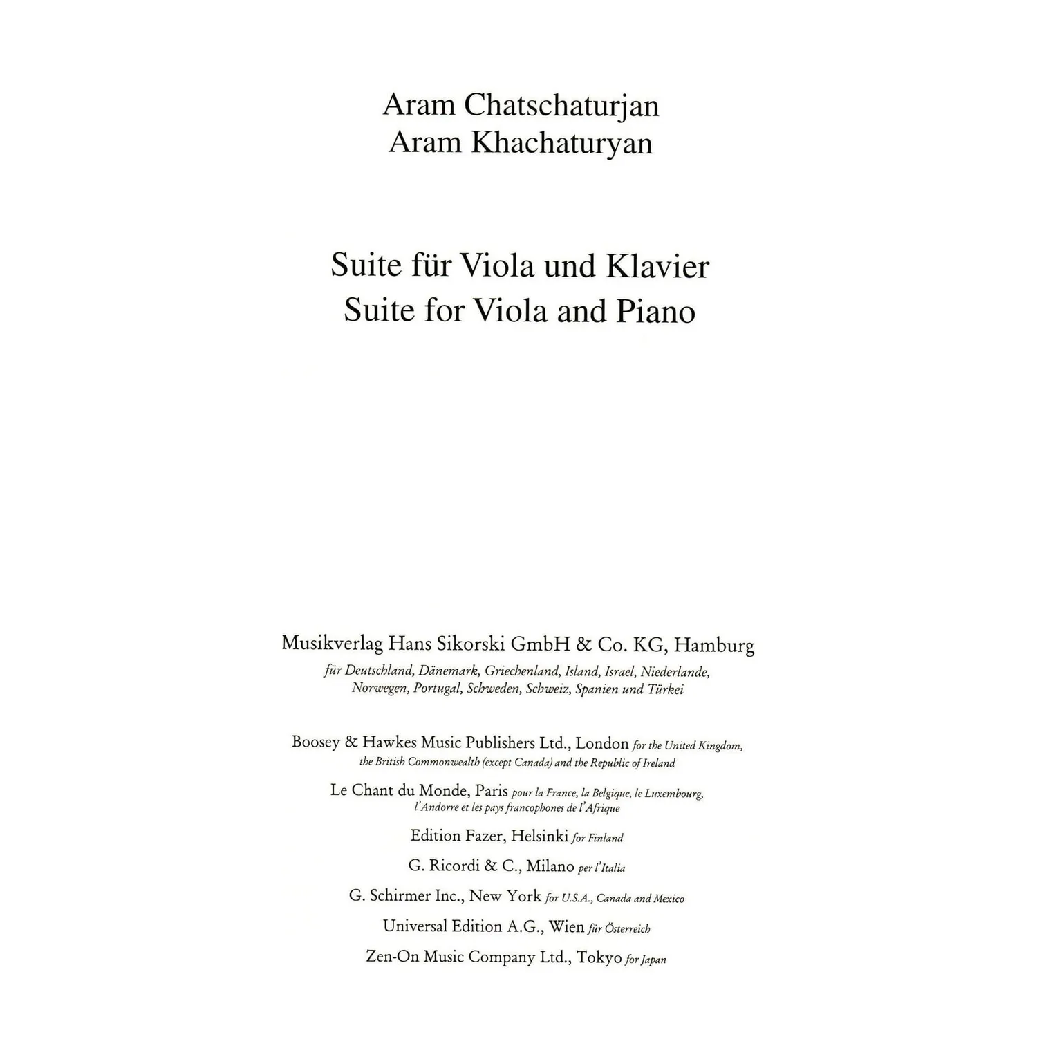 Khachaturyan Suite 1929 Noten Viola Klavier Sikorski
