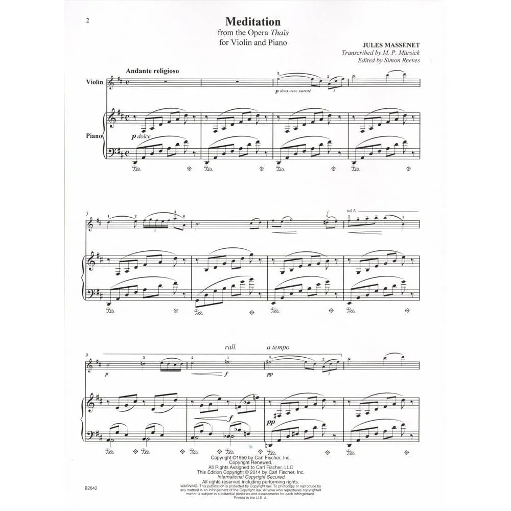 Carl Fischer Massenet Méditation Thaïs Noten Violine Klavier