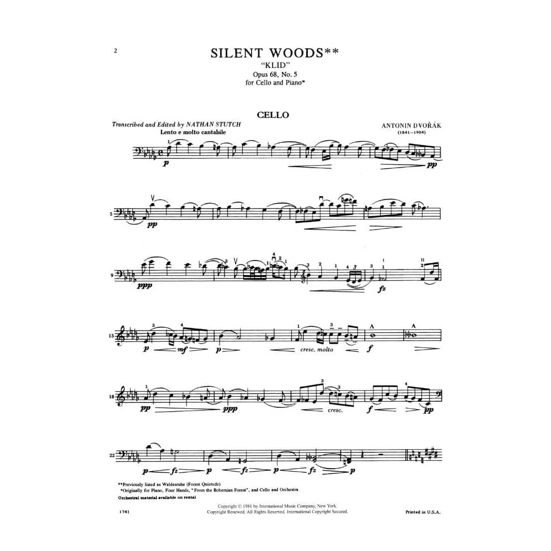 Dvorak Silent Woods op. 68 Nr. 5 Noten für Cello Klavier