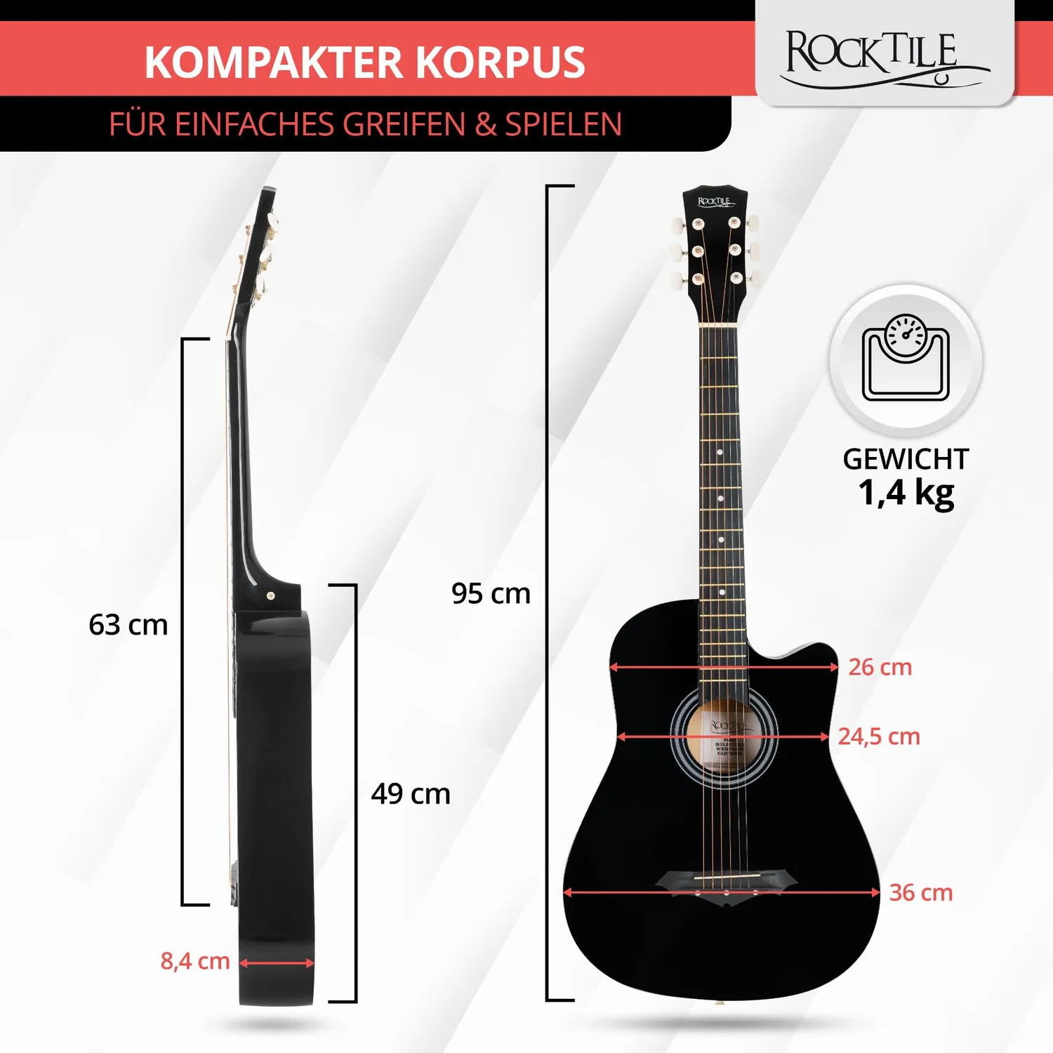 Rocktile WSD-5C-BK Slim Westerngitarre Set Schwarz Dreadnought