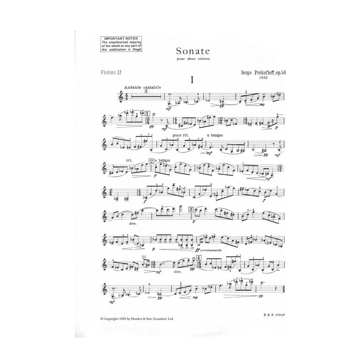 Prokofiev Sonata Op 56 Noten für zwei Violinen