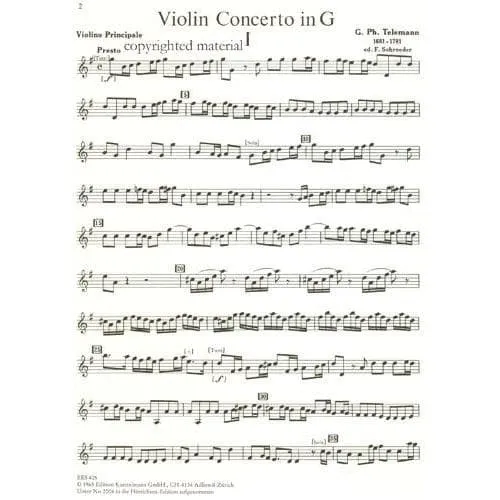 Kunzelmann Telemann Concerto G-Dur TWV 51:G8 Noten Violine Klavier
