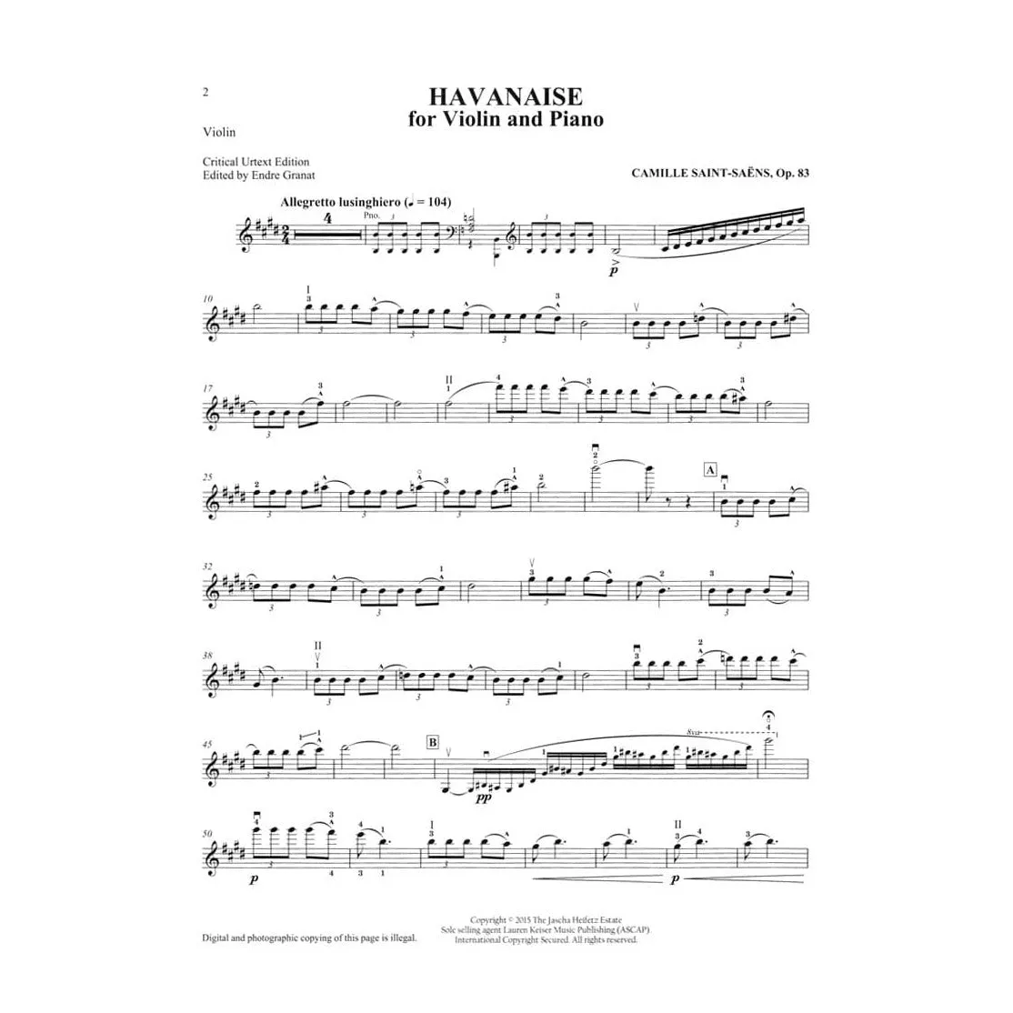 Heifetz Collection Havanaise Op.83 Noten Violine Klavier
